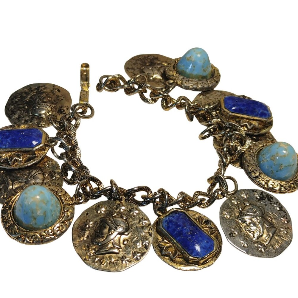Coin Charm Bracelet Vintage Lapis Lazuli Turquoise Glass Stone Egyptian Etruscan - Picture 11 of 12